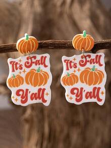 1 Pair Autumn Fall Theme Dangle Earrings Cute Pumpkin It's Fall Y'all Statement Drop Earrings Thanksgiving Harvest Party Costume Jewelry - Pumpkin Letter Earrings - View 4