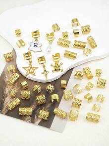 45pcs Halloween Star Gothic Style Hair Rings Accessories, Multi-Theme Bow & Leaf Hair Decorations, Suitable For Dreadlocks - Gold - View 4