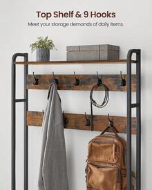 2026-NEW: Coat Rack With Shoe Storage, Hall Tree With Bench, 9 Hooks And Top Shelf, For Hallway, Bedroom, Industrial Style, Rustic Brown And Ink Black HSR405B01 - Brown - View 4