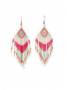 Xiacheng 1pair Bohemian Handmade Beaded Tassel Drop Earrings For Women, Geometric Diamond Long Fringe Statement Jewelry,Beach Vacation Thanksgiving Accessories - Multicolor - View 14