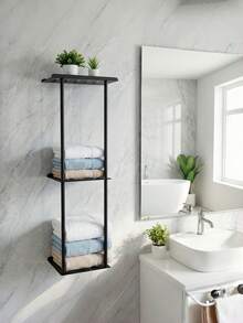 Metal No-Drill Towel Rack With Storage Compartment And Hanging Hooks, Suitable For Bathroom, Toilet, Room Decoration, Storage Rack, Wall-Mounted Storage Rack, Shelf, Room Decoration, Wall Shelf, Storage Rack - Multicolor - View 4