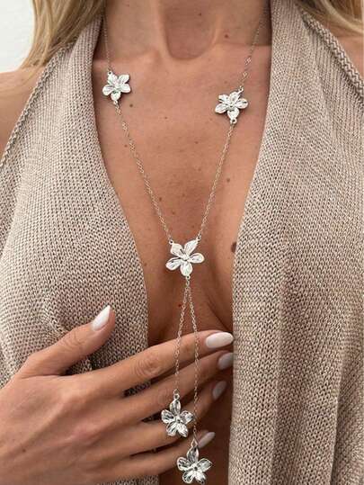 1pc Sweet Cool Ins Metal 3D Flower Tassel Necklace For Women, Fashion Y-Shaped Thin Chain Long Pendant, Gift For Friends And Family