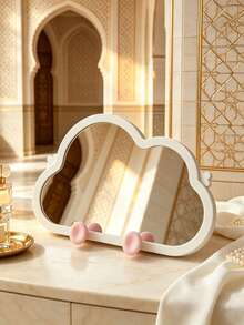 Cute Cloud Design Multifunctional Makeup Mirror, Built-In Phone Holder, Supports Smartphones And Small Tablets. Foldable Stand Suitable For Desktop Use, Back Hanging Hole For Wall Mounting. Equipped With Storage Hooks To Hold Hair Ties And Hair Clips. Ideal Vanity Decoration, Perfect For Makeup And Hands-Free Video Viewing. - Multicolor - View 3