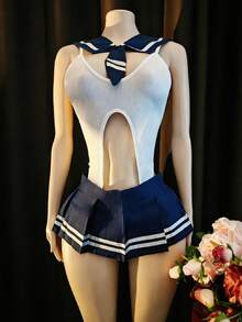 Set 3 pcs: Jumpsuit dengan Bukaan Selangkangan, Kerah, Rok Mini - Pakaian Dalam Seksi untuk Wanita, Kostum Cosplay Gaya Kampus - Blue and White - View 6