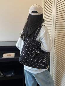 Tas Belanja Serut Kapasitas Besar Motif Polkadot - Hitam - View 6