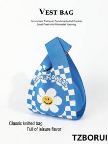 Flower Checkerboard Knit Vest Bag, Vintage Checkerboard Jacquard Wrist Pouch - Blue - View 2