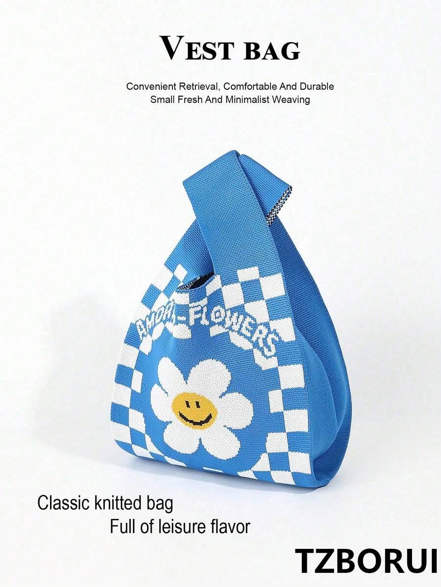 Flower Checkerboard Knit Vest Bag, Vintage Checkerboard Jacquard Wrist Pouch