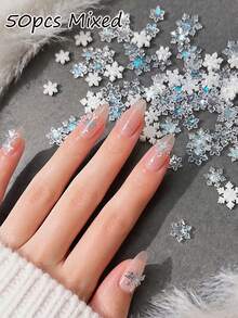 50Pcs 3D Christmas Snowflake Nail Charms, Mixed Size White Silver Glitter Resin Snow Flake Nail Art Decorations For Winter Xmas DIY Manicure Accessories - Multicolor - View 2