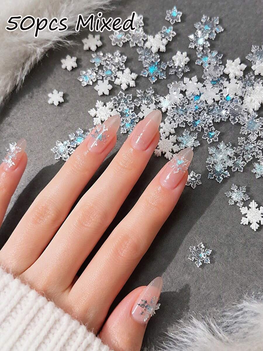 50Pcs 3D Christmas Snowflake Nail Charms, Mixed Size White Silver Glitter Resin Snow Flake Nail Art Decorations For Winter Xmas DIY Manicure Accessories