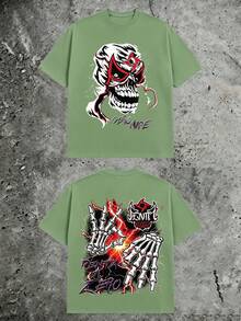Luchador Mask Skull Gothic Graphic Tee, Skeleton Hands Lightning Double‑Sided Vintage Grunge, 180g Pure Cotton Short Sleeve For Men - 綠色2 - 查看 1
