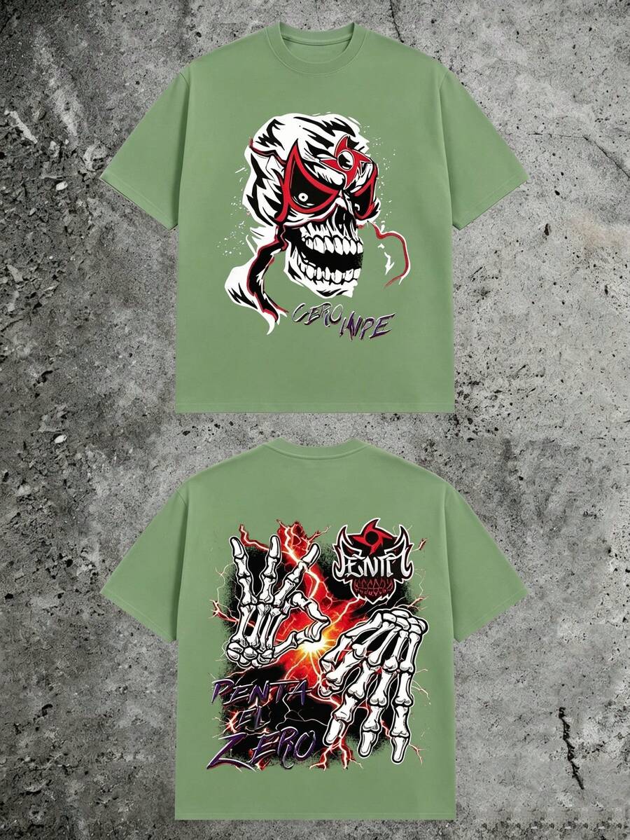Luchador Mask Skull Gothic Graphic Tee, Skeleton Hands Lightning Double‑Sided Vintage Grunge, 180g Pure Cotton Short Sleeve For Men - 綠色2 - 查看 1