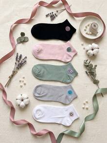 5 Pairs Women Smiling Face Embroidery Ankle Socks, Soft Cotton Breathable Cute Multicolor Casual Daily Socks Multi‑Pack - Multicolor - View 2