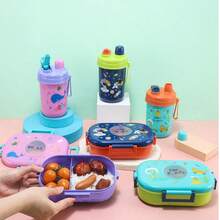 1 Set Bento Lunch Box With Water Bottle 3 Assorted Cartoon Patterns, Cute Dinosaur Astronaut Ocean Print Rectangular Transparent Window Leakproof Lock Clips Portable Handle Food Storage Container For Picnic Back To School Daily Use - Multicolor - View 9