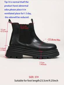 Women's Wide Shaft Chelsea Boots, Thick Sole Mid-Calf Boots With Dual Elastic Bands, British Style Wide Leg Platform Gear Sole Boots, Autumn/Winter - Black Short - View 6