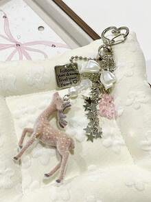 Dedoo Deer-Shaped Keychain Pendant, Lace Pearl Bow Bag Charm, Korean Sweet Clover Backpack Hanging Chain, Y2K Girly Style Gift - Multicolor - View 3