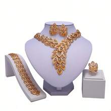 Make You Shine At Every Big Event! 4Pcs Gold Tone Filigree Leaf Rhinestone Jewelry Set Luxury Crystal Jewelry Set For Banquet Party Wear Confidence - Gold - View 10