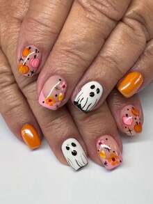 Halloween 24pcs Short Square Press-On Nails, Ghost, Flower, Pumpkin Pattern Design, Acrylic Material Set Includes: 1pc Jelly Glue And 1pc Nail File - Multicolor - View 9