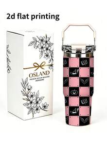 1pc/5pcs 30oz Pink Plaid Halloween Stainless Steel Insulated Tumbler With Handle And Straw, Bat, Pumpkin And Witch Element Print Design, Perfect Birthday And Holiday Gift, Leak-Proof Flip Lid, Suitable For Travel, Work, Fitness And Daily Outdoor Use - Multi-color - Pink and Black Plaid - View 2