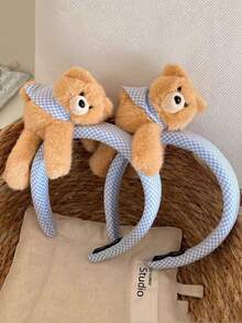 1pc Cartoon Checkered Plush T Bear Hairband, Versatile For All Occasions, Hair Tie To Hold Back Messy Hair, Wide-Edge Headband, Hair Accessory. - Multicolor - View 8