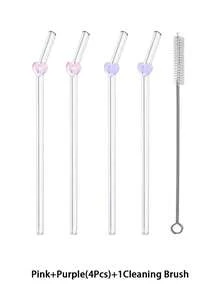 2/4pcs Pink/Purple Heart-Shaped Glass Drinking Straws, Reusable Curved Thick Transparent Glass Straw Set For Water Cups, Kitchen Accessories, Straw Decorative Caps, Cold Drinks, Milk Tea, Coffee, Bar, Home, Restaurant, Holiday, Summer - View 4