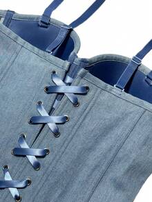 Minimalist Denim Waist-Cinching Zipper Backless Lace-Up Cropped Top - Blue - View 7