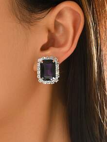 1 Pair Fashionable Elegant Red Geometric Square Clip-On Earrings For Women Evening Party Stage Vacation Accessory - Dark Purple - View 2