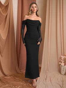 PARTHEA Elegant Women's Black Off-The-Shoulder Long Sleeve Mesh Maxi Dress, Draped Design, Mermaid Hem - Black - View 1
