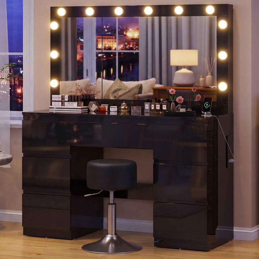 Devoko Dressing Table In Matte White With LED Cosmetic Mirror, Vanity Table Without Stool With 12 LED Lamps, Power Outlets, USB & Type-C, Jewelry Storage And 7 Drawers - 黑色高光+深灰色凳子 - 查看 1