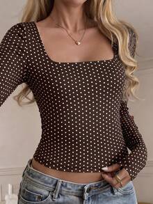 SCARLUX Autumn Y2K Brown Polka Dot Square Neck Slim Fit Long Sleeve Top, Basic Style, Suitable For Back To School, Business And Casual Vacation - Brown - View 2
