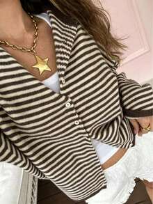 Women's Long Sleeve Color Block Striped Knit Cardigan Sweater Jacket With Buttons, Autumn/Winter Knit Top - Brown - View 3