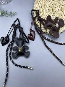 Vintage Faux Leather Bear Bag Charm Keychain, Cute Heart Pendant Braided Rope Handbag Accessory, Y2K Retro Aesthetic Backpack Charms For Women Girls - Multicolor - View 4