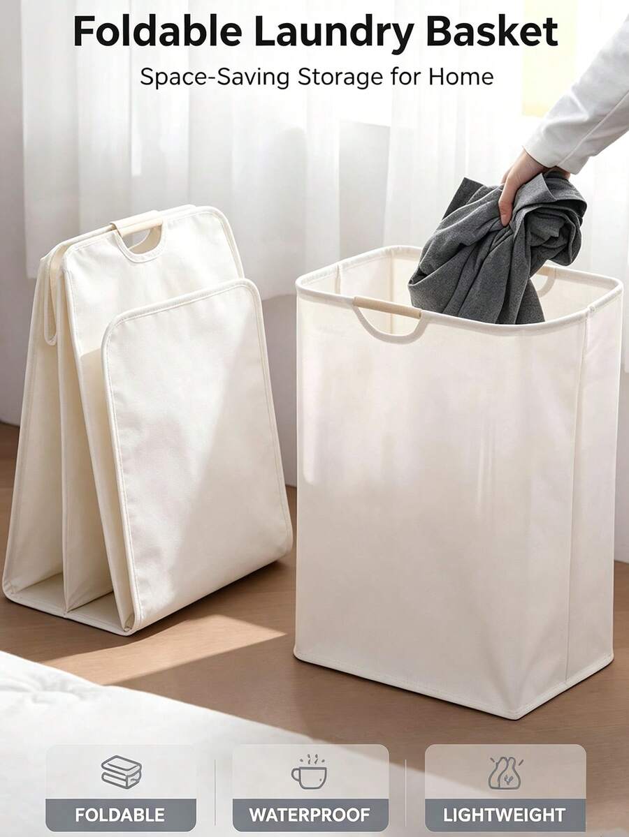 Large Capacity Foldable Laundry Basket With Wooden Handle, Bedroom Bathroom Closet Collapsible Clothes Storage Bin, Fabric Organizer Container