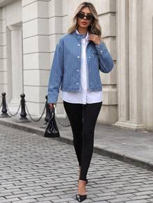 Mobula Sound# Spring/Autumn Versatile Fashion Striped Denim Jacket, College Style, Vacation, Daily, Travel, Airport, Zipper Long Sleeve Denim Jacket For Women - Blue - View 2