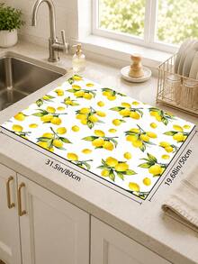 1pc Yellow Lemon & Green Leaf Pattern Absorbent Table Mat, Fresh Pastoral Style, Water-Absorbent Fabric, Rectangular Edged Design, Stain-Resistant & Heat-Insulating Countertop Protector, Suitable For Kitchen Sink, Dish Drying, Daily Home Decor - Multicolor - View 13