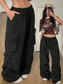 Teen Girls Summer Street Style Low Waist White Parachute Cargo Pants - Black - View 1