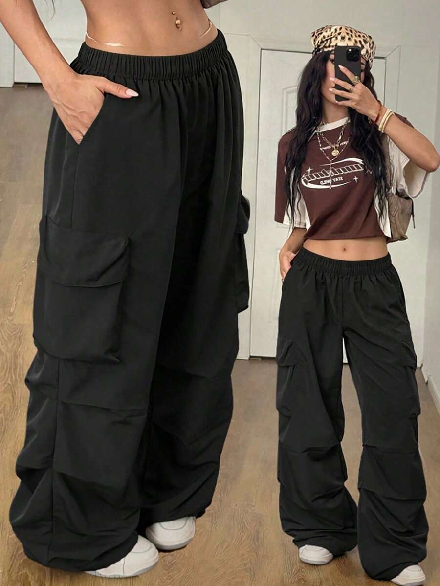 Teen Girls Summer Street Style Low Waist White Parachute Cargo Pants - Black - View 1