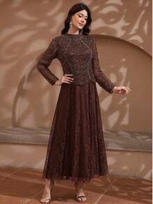 JINLICX High Neck Beaded Mesh Long Sleeve Lace Maxi Dress Dark Brown Formal Evening Gown - Coffee Brown - View 3