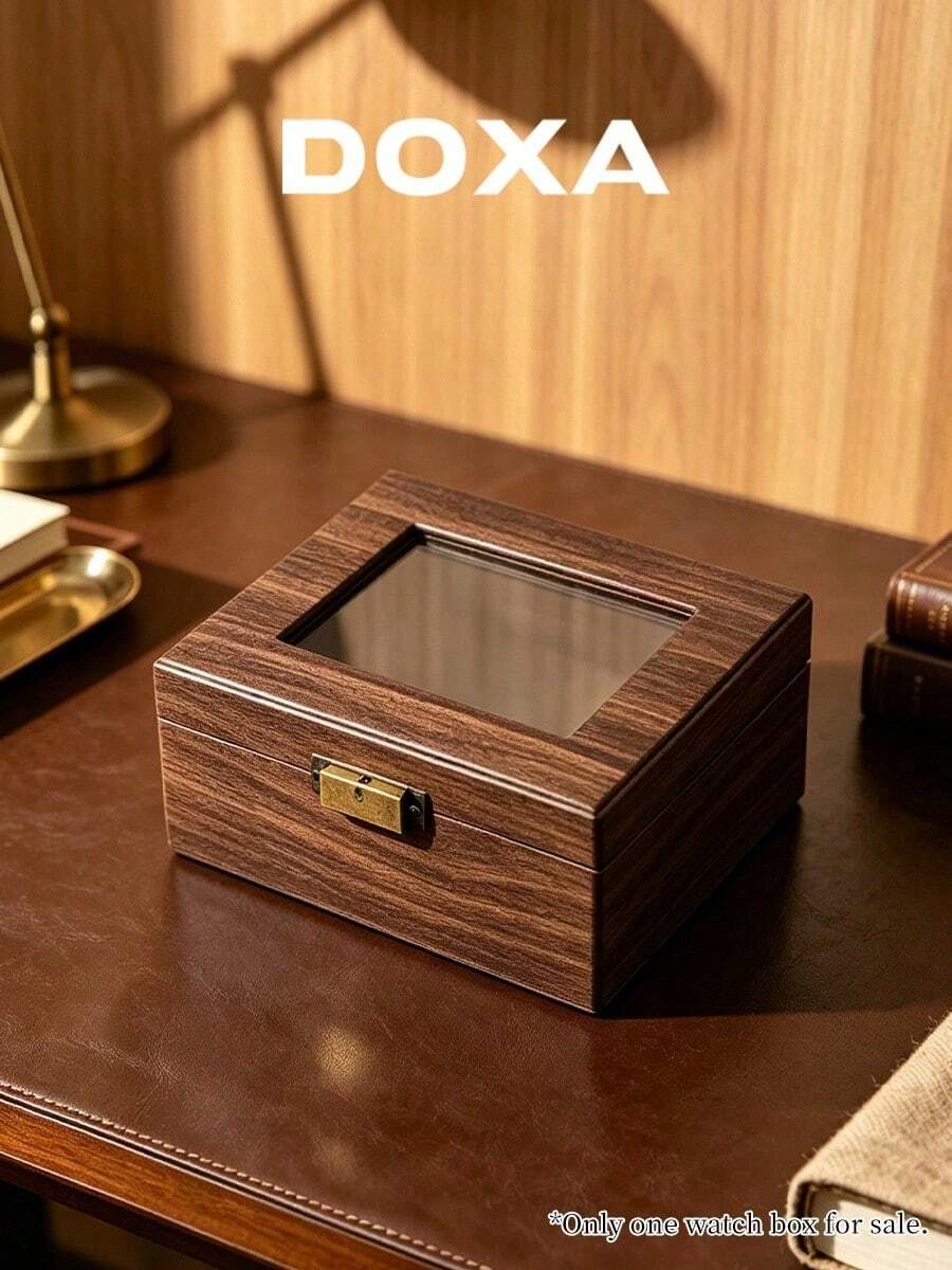 DOXA Retro Wood Grain 2-Grid Watch Display Box, Brass Hardware Transparent Window Suede-Lined Desktop Watch Storage Box - Brown - View 1