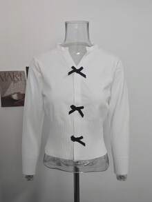Slouchy Bow Design Knit Sweater Women Autumn/Winter Korean Casual Versatile Premium Knit Top - White - View 6