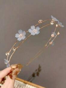 1pc Double Layer Alloy Thin Hair Tie With Faux Pearl Flower Decoration, Sweet Hair Accessory, Girls Headpiece - Multicolor - View 6