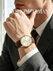 Armani Men's Classic Analog Quartz Watch, Gold-Plated Case, Champagne Dial, Grained Brown Leather Strap, Date Window, Birthday Gift For Husband - one-size - View 4