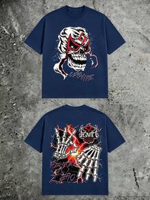 Oversized Luchador Mask Skull Tee, Double‑Sided Skeleton Hands Lightning Gothic Grunge Graphic, 180g Pure Cotton Short Sleeve For Men - 藏青色2 - 查看 13