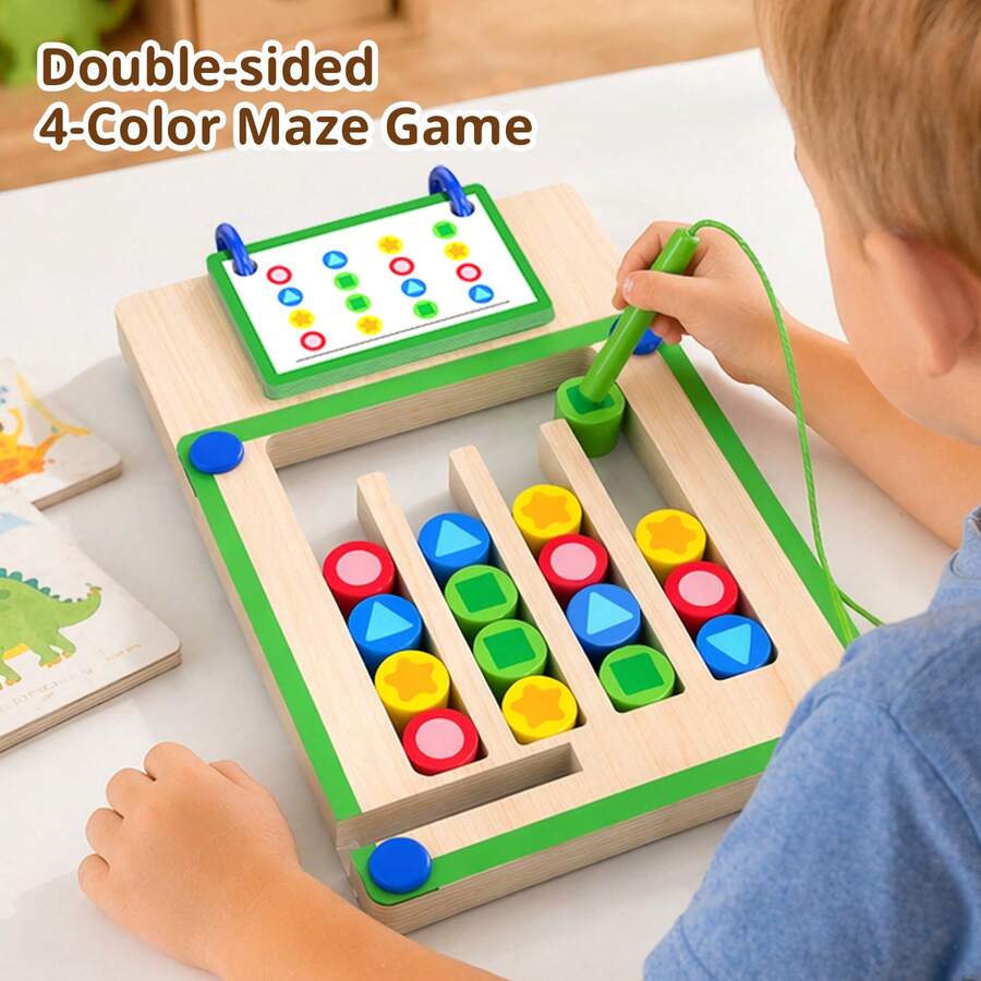 Children's Back To School Season Educational Wooden Magnetic 4-Color Shape & Color Sliding Chess Puzzle Desktop Toy, Focus & Spatial Logic Thinking Training Magnetic Sliding Toy, Holiday Gift