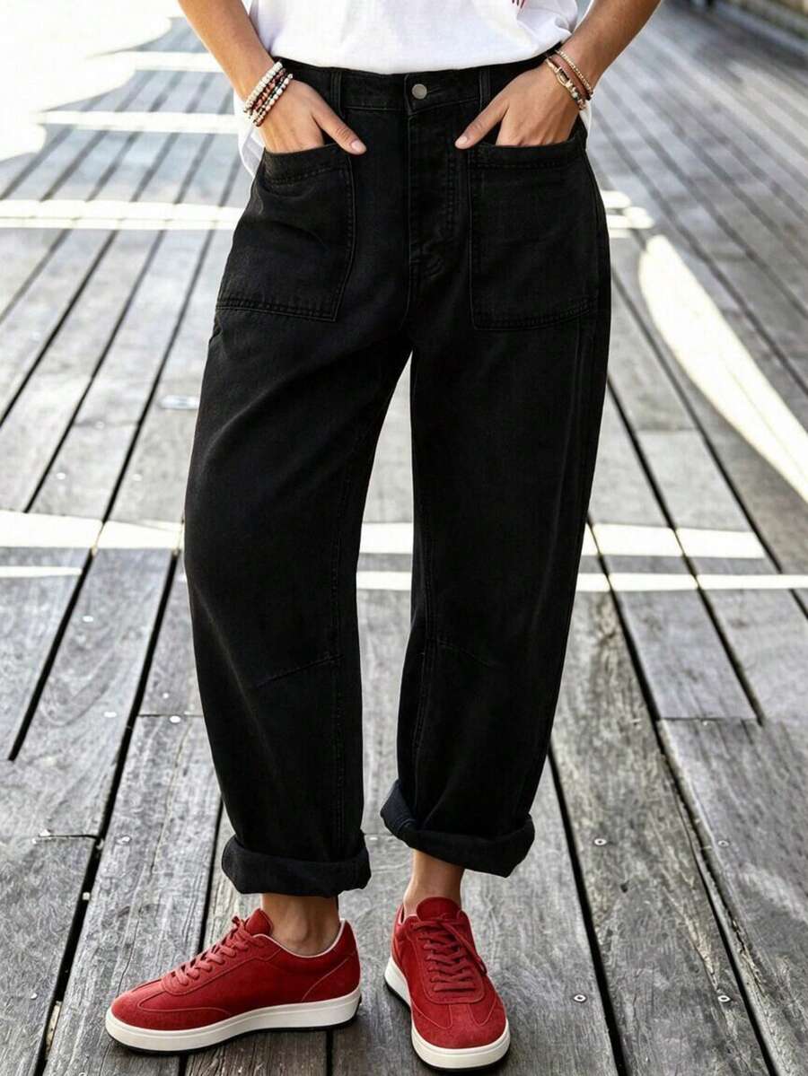 STLY Women's Autumn/Winter Wide Leg Curved Banana Jeans, Creative Cut Design, Versatile All-Season Washed Denim Casual Black Fall - Black - View 1