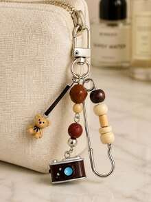 Retro Beaded Camera Keychain With Cute Bear,Beaded Pin Bag Charm,Phone Accessory,Unisex Wallet Charm,Handbag Accessories,Must-Have For Fashionistas - Multicolor - View 6