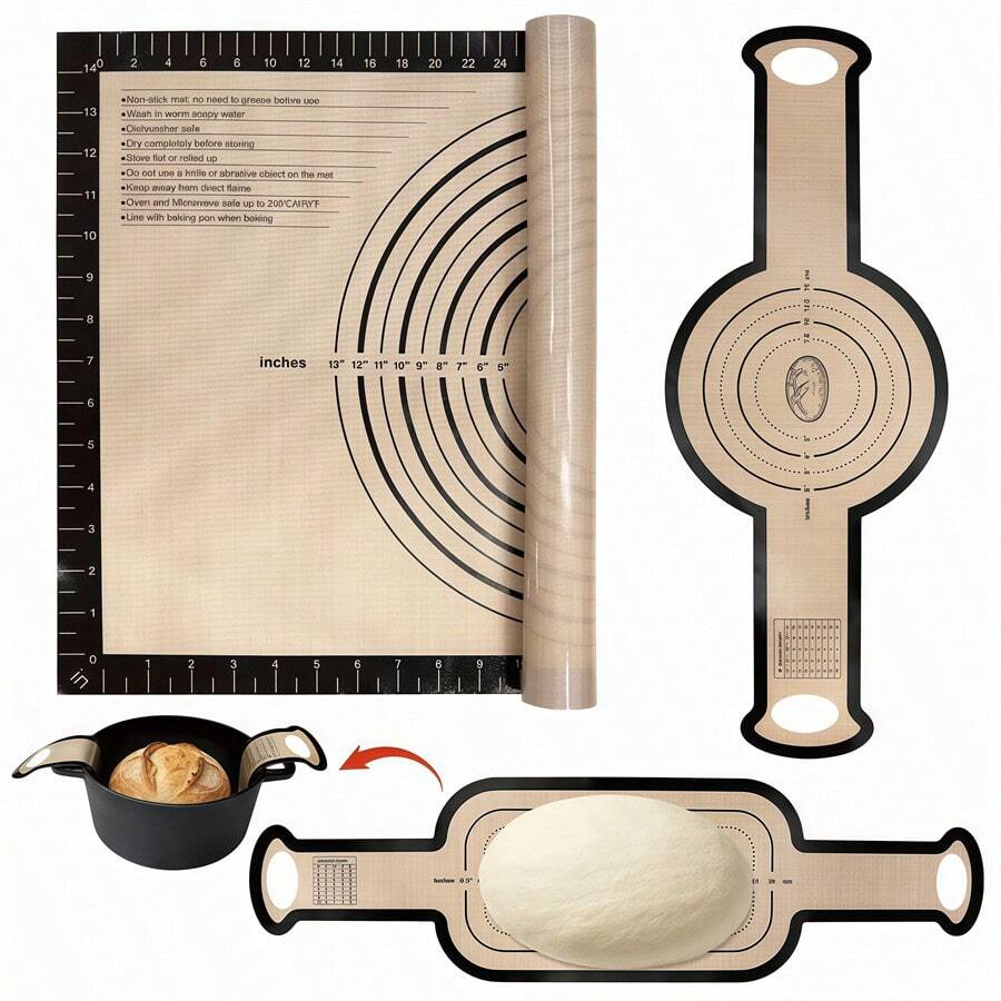 3PCS Silicone Baking Mat, 0.4mm Silicone Dough Mat - 26x16 Inch Extra Large Cookie Bread Rolling Mat, Non-Stick Kitchen Countertop Kneading Board, Thick Reusable Pie Cookie Pizza Fondant Making Mat With Scale, Dutch Oven Round And Oval Sling, Long Handle, Non-Stick Reusable Design, Home Baking Essential Tool, DIY Baking Equipment