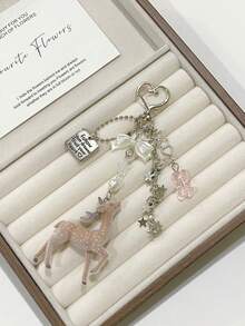 Dedoo Deer-Shaped Keychain Pendant, Lace Pearl Bow Bag Charm, Korean Sweet Clover Backpack Hanging Chain, Y2K Girly Style Gift - Multicolor - View 4