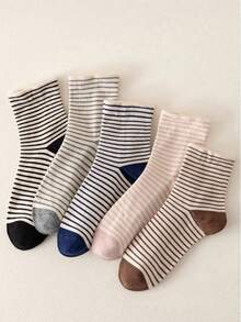 5 Pairs Random Vintage Color-Block Thin Striped Mid-Calf Women's Socks, Soft Skin-Friendly Pure Cotton, Breathable, Sweat-Absorbent, High Elasticity Ribbed Cuff, Non-Slip Heel, Japanese Minimalist INS Style, Versatile For Canvas Shoes, Sneakers, All Seasons, Commute, Casual, Slouchy Socks - Multicolor - View 7