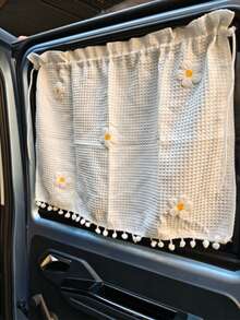 Cute Daisy Car Window Shade, Waffle Weave Sunshade Curtain With Pom Poms, Baby UV Protection Heat Insulation Cover, Easy Install Auto Side Window Blind - A - View 6