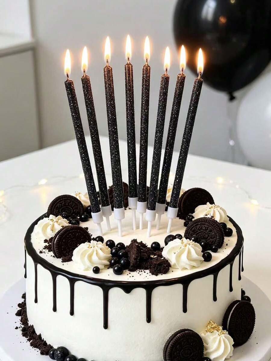 6 件套黑银色五彩纸屑效果长棒生日派对蛋糕蜡烛,返校情人节 - 黑色 - 查看 1